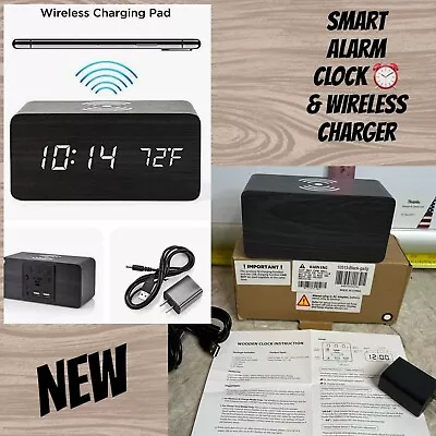 Wood Smart Alarm Clock W Qi Wireless Charging Pad Voice Activated Display Temp • $34.76