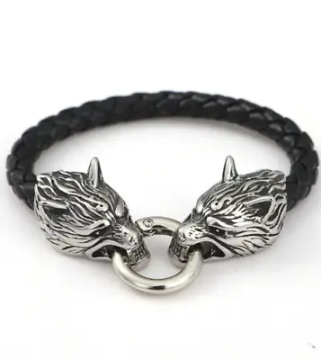 Men's Norse Viking Wolf Gothic Leather Cuff Bangle Bracelet • $7.99