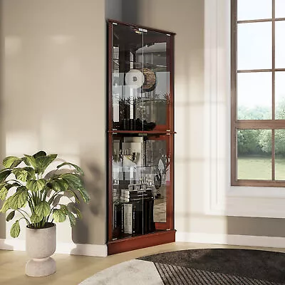 Woody Lighted Corner Curio Cabinet Tempered Glass Door 6 Shelves • $299.99