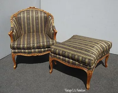 Vintage French Louis XVI Gold Gilt Ornate Club Chair & Ottoman W Down Cushions • $1931.60