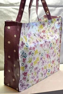 Handmade Quality 100% Cotton Oilcloth Medium Tote Bag - Purple Spot/flowers • £11.95