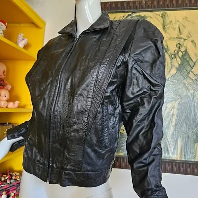 Vintage Cafe Motorcycle Womens Blk Leather Thriller New Wave Biker Jacket S/M • $95