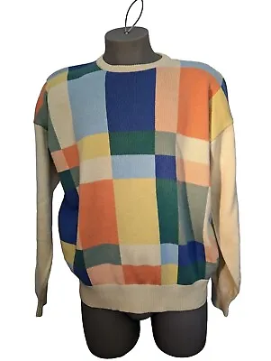 Orvis 100% Cotton Sweater Men's L Pastel Color Block Patchwork Hong Kong Vintage • $59.95