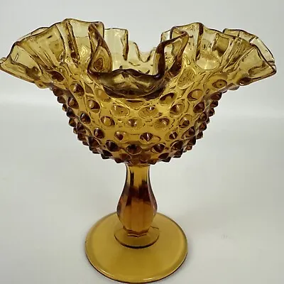 Fenton Colonial Amber Glass Ruffled Edge Hobnail Compote Pedestal Candy Dish • $19.99