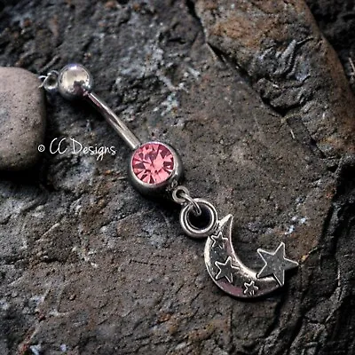 14g Pink Silver Vintage Crescent Moon Star Belly Button Navel Ring B180 • $9.99