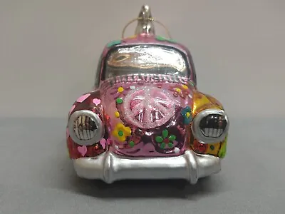 VW Bug Blown Glass Handpainted Ornament Pink Peace Love Flowers Easter Christmas • $29.99