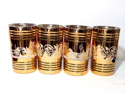 Set Of 4 Vintage Gold Covered Drinking Glasses - Made In Korea Embossed Glitter • $40