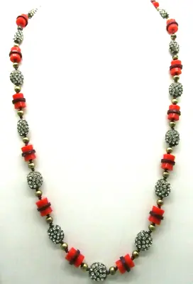 Vintage J Crew Cluster Rhinestones & Red Beads Hand Knotted Long Necklace 28  • $14.99