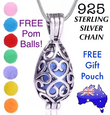 Aromatherapy Oil Diffuser 925 Sterling Silver Tear Drop Necklace + 7 Pom Balls • $12.95