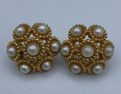 Marvella SIGNED Vintage Faux Pearls Gold Tone Clip On Earrings Lightweight • $36