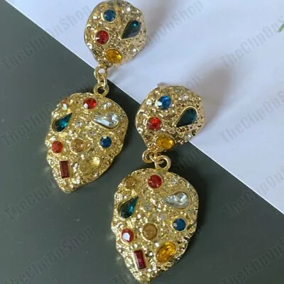 CLIP ON RETRO 6cm EARRINGS Big GOLD MULTI Jewelled Rock CRYSTAL Vintage 80s Styl • £7.99