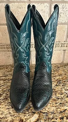 Texas Brand Vintage Teal Green Snakeskin And Leather Cowboy Boots Womens Size 7 • $79.99