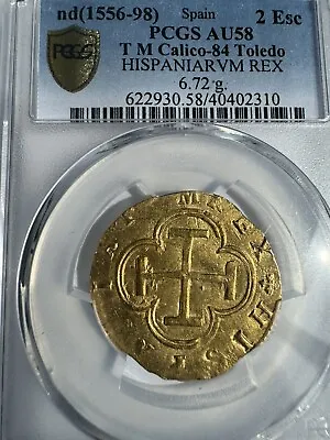 TOLEDO SPAIN Gold Cob 2 Escudos Philip II TM Cal-84 HISPANIARVM REX PCGS AU58 • $4900