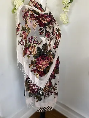 Vintage Shawl Scarf Wrap Victorian Rose Beaded Silk Burnout Velvet 68 X21  EUC • $60