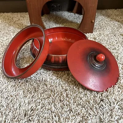 Vintage Metal Red Round Sewing Box Decor Tin Thread Needle Holder 3 Pieces W/Lid • $8