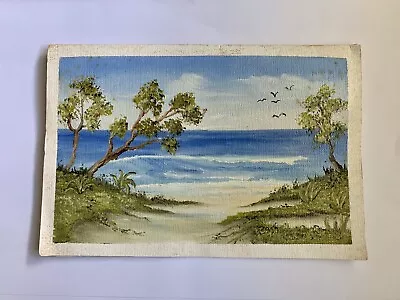 OIL ON CARD - ORIGINAL SIGNED LANDSCAPE PAINTING The Beach Water Sand Trees • $58.45