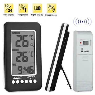 $13.41 • Buy LCD Digital Indoor/Outdoor Thermometer Clock Wireless Temperature Meter Monitor