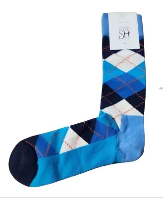 HAPPY SOCKS Men's Blue Argyle Crew Cotton Socks Size 8-12 NWT • $8