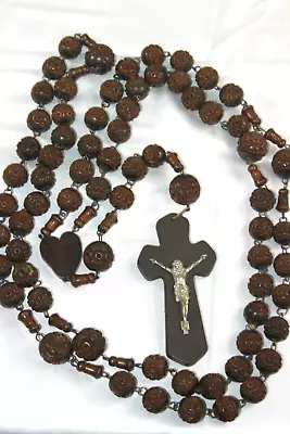 VINTAGE 6 DECADES  HABIT ROSARY WOOD CARVED BEAD 15mm CRUCIFIX MEDAL 45’in • $125