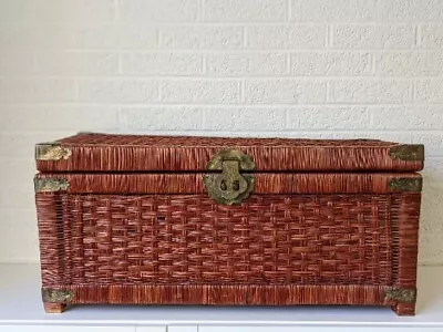 Vintage Wicker Campaign Trunk Blanket Chest | Late 20th Century Rattan • $260