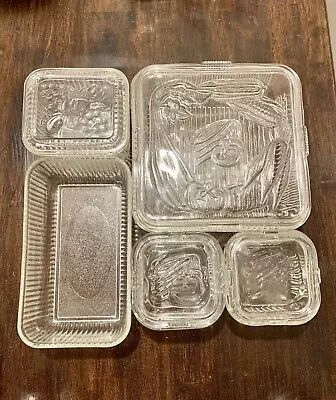 5 Vintage Federal Glass Refrigerator Dishes (4 With Lids) - Vegetable Pattern • $50