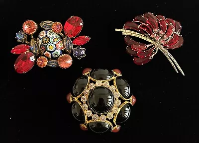 Vintage Schreiner Austria-like 3 Brooch Lot Millefiori Domed Banana Stones • $78