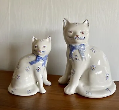 VINTAGE PAIR OF RYE POTTERY BLUE AND WHITE LUCKY CATS 7.5  & 5.5  Tall Perfect • £15