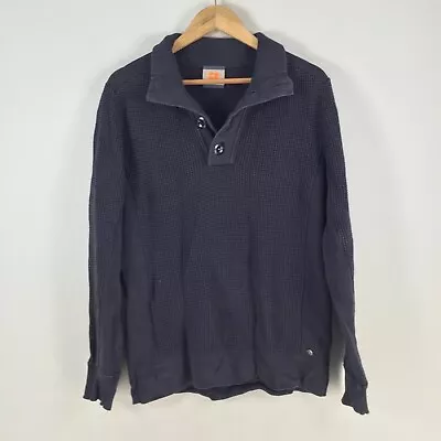 Hugo Boss Mens Knit Jumper Size L Navy Blue Long Sleeve Collared Cotton 078257 • $49.95