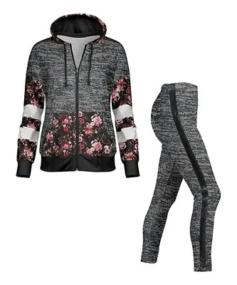 Pink & Gray Floral-Contrast Melange Zip-Up Hoodie & Leggings Size L • $25