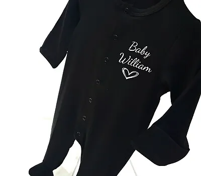 Personalised Unisex Full Black Baby Sleepsuit Grow Add Text Birthday Baby Shower • £9.97