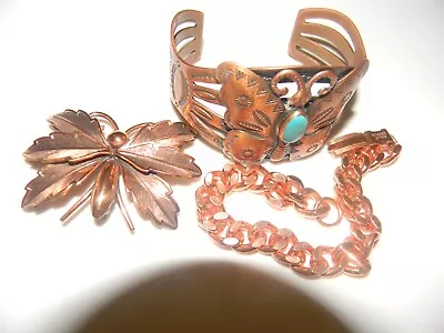 Vintage  Solid Copper Butterfly Cuff Bracelet And Copper Pin And Chain Trio • $39.95