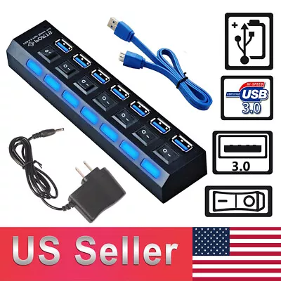 7 Port USB 3.0 Hub On/Off Switch High Speed Splitter AC Adapter Cable PC Laptop • $12.05