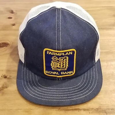 Vintage Farmplan Royal Bank Hat Cap Snap Back Big Patch Blue Denim Trucker • $14.33