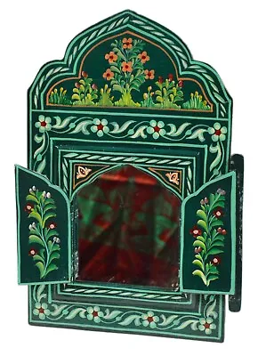 Moroccan Wall Mirror W/Doors Hand Painted Arabesque Handmade Home Decor Green • $44.99