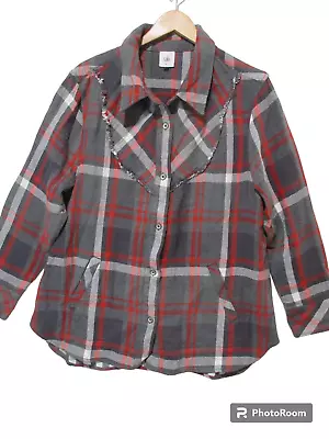 Sz XL CAbi Grey Red Plaid Sweater Jacket Shacket POCKETS Flannel Top Shirt • $18.40