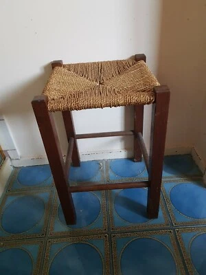 $113 • Buy Vintage Stool Wood Woven Cane Mid Century Design Retro Tiki Barsony 