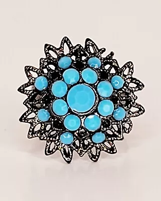 Vintage Ring Adjustable Size Band FLOWER Shape Blue Design  • $14.99