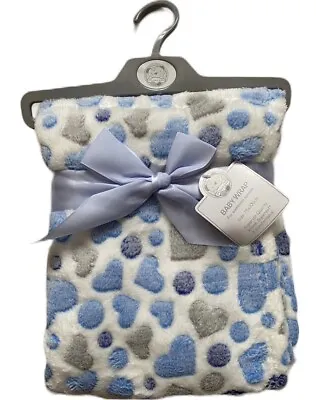 Baby Boy Girl Soft Fleece Blanket Newborn Pram Car Crib Moses Basket Blue Heart • £8.49