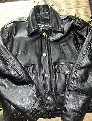 VTG OBSOLETE-RETIRED “CHICAGO COP SHOP” 💯% HEAVY Black Leather POLICE Jacket 50 • $275