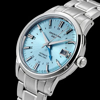 SEESTERN GMT NH34 Light Blue Domed Sapphire Crystal Bracelet And Leather • $389