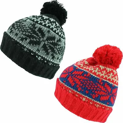 £7.45 • Buy Fairisle Pattern Knit Bobble Beanie Hat Winter Ski Nordic Pom Pom Soft