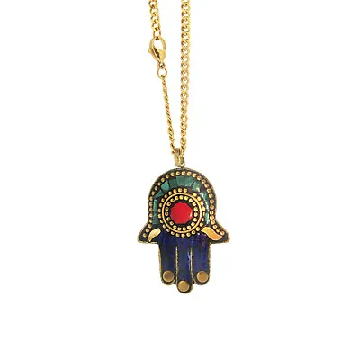 Fatama Hand Brass And Lapis And Malachite On Stainless Steel 20  Necklace • £11