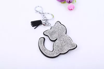 Cat Bag Charm PU Leather Kitten Cats Crystal Diamante Handbag Keyrings Pendant • £3.99