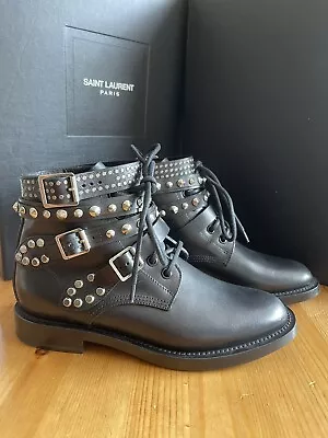 Saint Laurent Nero Rangers Light Boowling Studded Straps Boots US7 EU37.5 UK4.5 • $1395