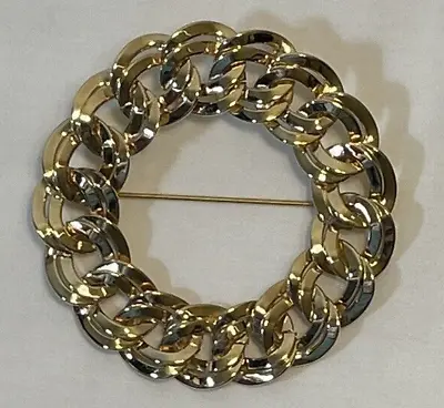 Monet Signed Round Wreath Double Chain Link Brooch Pin Gold Tone 2-1/2” Estate • $6.97