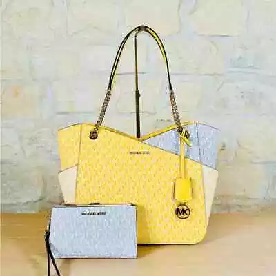 Michael Kors Color Block XL Chain Signatures Tote Handbag Wallet Option Daffodil • $179