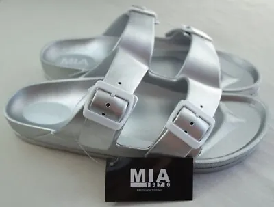 Mia Toulon Womens Sandals Shoes 8 9 Silver Slip On Arch Support Dual Buckle New • $19.95