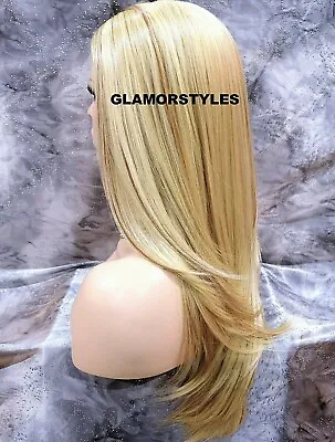 Lace Front Full Wig Long Straight Layered Middle Part Bleach Blonde Mix Heat Ok • $79.95