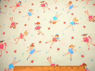 Girls Fabric 7/8 Yard Dancing Ballerina Ballet Pink Blue On White Cotton Vtg #C • $7.99
