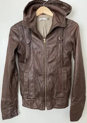 MIKE & CHRIS Hooded Soft Leather Jacket Full Zip XS-S  Super Cool Hoodie US Made • $110